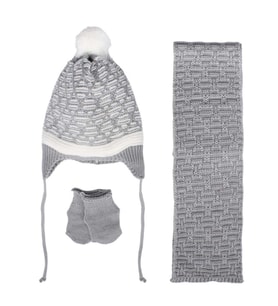 Unisex Gri Beyaz Karışık Çizgi Desenli Triko Atkı Bere Set