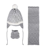 Unisex Gri Beyaz Karışık Çizgi Desenli Triko Atkı Bere Set