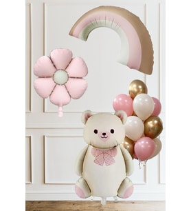 Retro Papyonlu Ayı Pembe Gökkuşağı Papatya Temalı Kız Doğum Günü Baby Shower Balon Seti