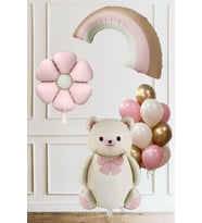 Retro Papyonlu Ayı Pembe Gökkuşağı Papatya Temalı Kız Doğum Günü Baby Shower Balon Seti