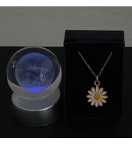 Papatya Kolye Altın Kaplama Özel Kutuda & Dolunay  Model Cam Küre Işıklı Standlı Set