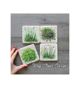 bilge tasarım Stone Decor Taş Bardak Altlığı 4'lü Set 10x10x1 Cm desenli