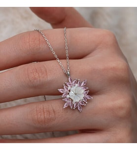 Pembe Zirkon Taşlı Lotus Çiçek 925 Ayar Gümüş Kadın Kolye