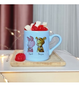 Piglet & Tigger Tasarımlı Kişiye Özel Mavi Türk Kahvesi Fincanı