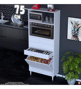 Eliusta Kumsal 75 cm Fırın Dolabı Beyaz 3 Çekmeceli Sepetli Çok Amaçlı Mutfak Kiler Dolabı 75x194x32 cm