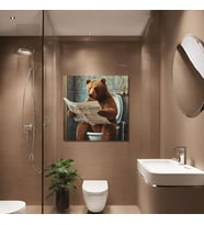 Tekli Kare Kanvas Banyo Tablosu Gazete Okuyan Kahverengi Ayı