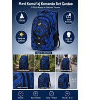 Komando Sırt Çantası Mavi Kamuflaj 3 Gözlü Kamp ve Outdoor 46x32x18 cm