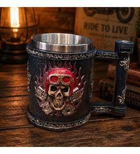Kuru Kafa Motorcu Tasarımlı 3D Metal Kupa Bardak - Çelik İç Yüzey