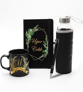 Kişiye Özel Siyah Ajanda Defter & Siyah Kupa & Roller Kalem & Cam Suluk Hediye Seti