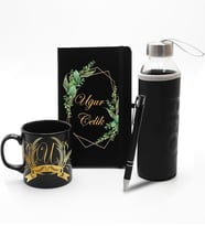 Kişiye Özel Siyah Ajanda Defter & Siyah Kupa & Roller Kalem & Cam Suluk Hediye Seti