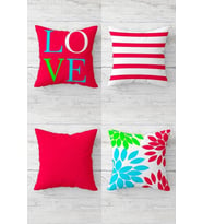 Love Yazılı Çiçekli Ve Enine Çizgili Gizli Fermuar Kırlent Kılıfı Koltuk Yastık Kılıfı Takım(4adet) (Fuşya-Beyaz)