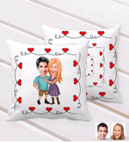 BK Gift Kişiye Özel Sevgililer Karikatürlü Kurdela Kalp Desenli Dekoratif Kırlent Yastık-80 (Beyaz)