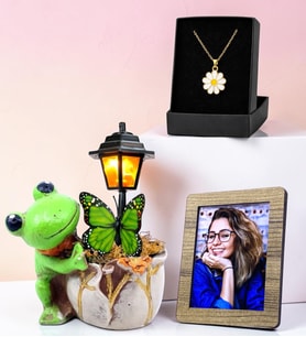 Kişiye Özel Fotoğraflı Kurbağa Masa Lambası ve Tasarım Kolye Hediye Seti