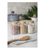 3 Lü Set Bambu Kapaklı Cam Kavanoz & Erzak Saklama Kabı 800 ml Orta Boy ( Vakum Kapak )