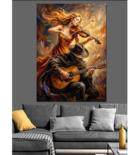 Keman Çalan Ve Gitar Çalan Çift Dekoratif Kanvas - Mdf Ahşap Tablo