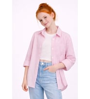 Kız Çocuk Çizgili Taşı Crop Badili Gömlek Takım Ak2606 (Pembe)