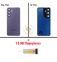 Samsung Galaxy S24 Mor Renk Lensli Arka Kapak + B7000 Yapıştırıcı Arka Cam Batarya Kapağı Pil Kapağı Lazer Kesim Back Cover Galaxy S24 Uyumlu