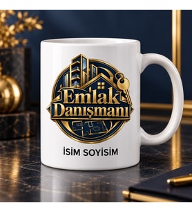 Emlak Danışmanı Kupa Bardak Bina ve Anahtar Arma Desenli