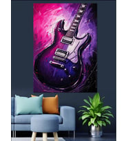 Mor Neon Işıklı Gitar Dekoratif Kanvas - Mdf Ahşap Tablo