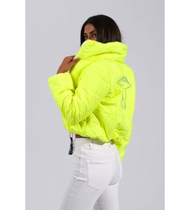 Markano Neon Yeşil Sırtı Taş Baskılı Dik Yaka Kısa Şişme Mont