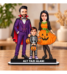 Kişiye Özel 3 Kişilik Halloween Aile Karikatürlü 18 cm MDF Masaüstü Biblo - Aile Hediyesi Anne Baba ve Aileye Hediye