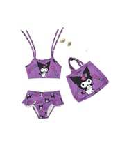 Kız Çocuk karakter Baskılı Eteği Fırfırlı- ip bağlamalı ÇANTA Mayo Bikini 3 lü Takım (Mor)