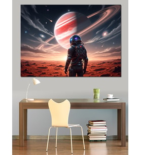 Aydaki Astronotun Renklendirilmiş Satürn Manzarası Soyut  Dekoratif Kanvas - Mdf Ahşap Tablo