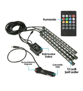 12 Led'li Sese Ve Müziğe Duyarlı Araç Içi Ayak Altı Led Aydınlatma Kumandalı