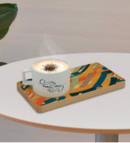 BK Gift Kişiye Özel Modern Art Tasarımlı Doğal Ahşap Tabaklı Seramik Fincan Sunum Seti  Model 7