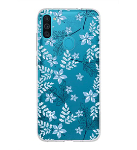 Samsung Galaxy M11 Kapak Floral Mavi Tasarımlı Şeffaf Silikon Kılıf