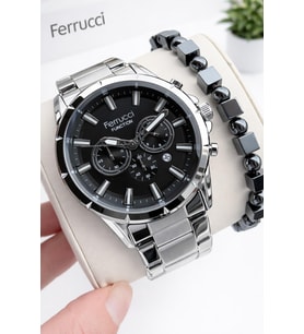 Ferrucci İç Fonksiyonları Aktif 30mt Suya Dayanıklı Çelik Kordon + Bileklik Hediyeli Erkek Kol Saati VS.BLKT.0960