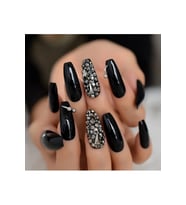EDA LUXURY BEAUTY Siyah Gümüş Takma Tırnak Lüks Parlak 3d Kristal Taşlı Desenli Extra Uzun Kare Ballerina Nail Art Set E047