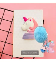 Kişiye Özel Sevimli Unicorn Squishy Defter ve Ponpon Anahtarlık Set (Mavi)