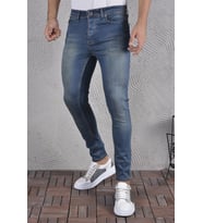 Erkek Jeans Skinny Fit Likralı Mavi Dar Paça Tırnaklı Kot Pantolon