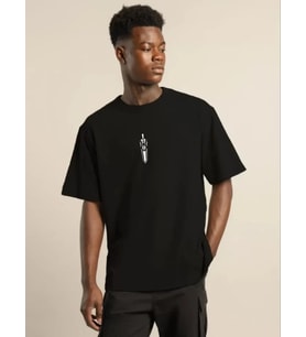 Unisex Bisiklet Yaka Baskılı Oversize T-Shirt - Siyah