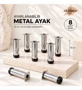 8 Adet Metal Ayarlanabilir 12 cm Krom Destek Ayak Mobilya Kanepe Baza Koltuk Dolap Sehpa TV Ünitesi Ayağı