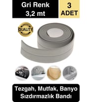 Premium Gri Ocak Tezgah Kenarı Banyo Mutfak Sızdırmaz Bant Su Geçirmez Küfe Dayanıklı 3,2 mt 3 Adet