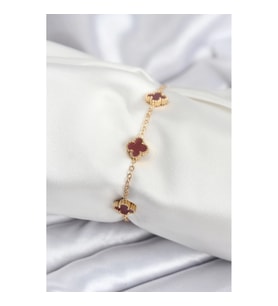 Mey İthalat® 316L Çelik Gold Renk Bordo Baby Boy Yonca Kadın Bileklik