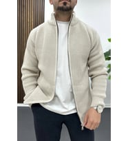 Erkek Slim Fit Fermuarlı Hırka Vizon Edw434