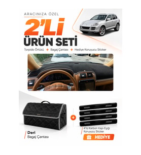 e-biz PORSCHE CAYENNE (2002-2010) Uyumlu Torpido Örtüsü + Deri Bagaj Çantası - Siyah-Gri - PO001