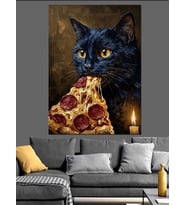 Pizza Yiyen Karizmatik Siyah Kedi Dekoratif Kanvas - Mdf Ahşap Tablo