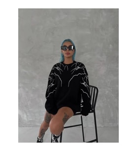 Yıldırım Baskılı Bisiklet Yaka SweatShirt - Siyah