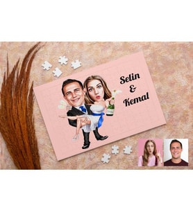 Karikatürlü Gelin Damat Düğün Kişiye Özel Puzzle