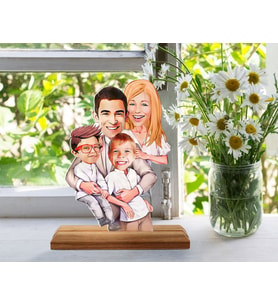 BK Gift Kişiye Özel Aile Karikatürlü Ahşap Standlı Pleksi Biblo-10 , Aileye Hediye , Arkadaşa Hediye