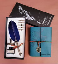 Deri Defter Tüylü Mürekkepli Kalem Hokka Set & Kişiye Özel Defter & Yaprak Desenli Defter & Hediye Defter & Kalem, İsme Özel Defter