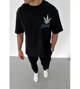 pilelistore- Unisex Bisiklet Yaka Baskılı Oversize T-Shirt - Siyah