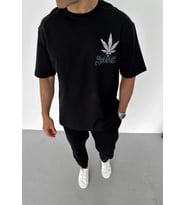 pilelistore- Unisex Bisiklet Yaka Baskılı Oversize T-Shirt - Siyah