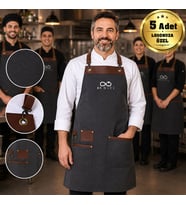 Logonuza Özel 5 Adet New York Model Önlük Antrasit Renk Su İticili Kumaş - Vegan Deri Detaylı Profesyonel Önlük