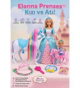 Elonna Princess Yeleli Unicorn At ve 30 cm Prenses Bebek Oyun Seti - Saç Aksesuarlı