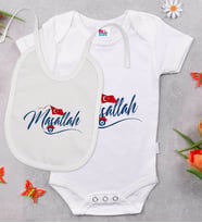 BK Kids Maşallah Tasarımlı Beyaz Bebek Body Zıbın ve Mama Önlüğü Hediye Seti-3